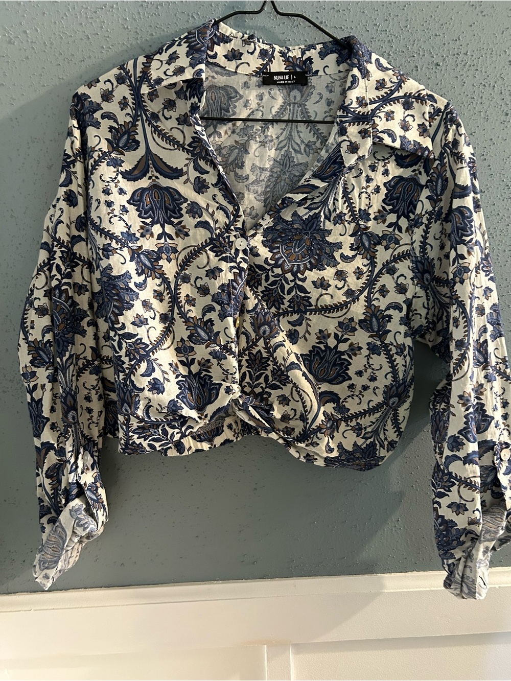 Nina Lee Blue Floral Tie-Front Button Down Shirt
